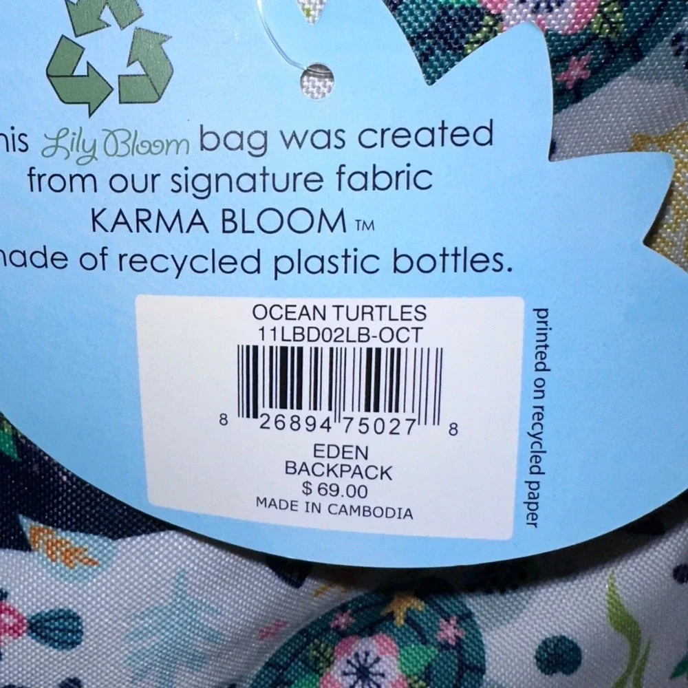 LILY BLOOM Eden Backpack Ocean Turtles Recycled Plastic Karma Bloom Whales NEW